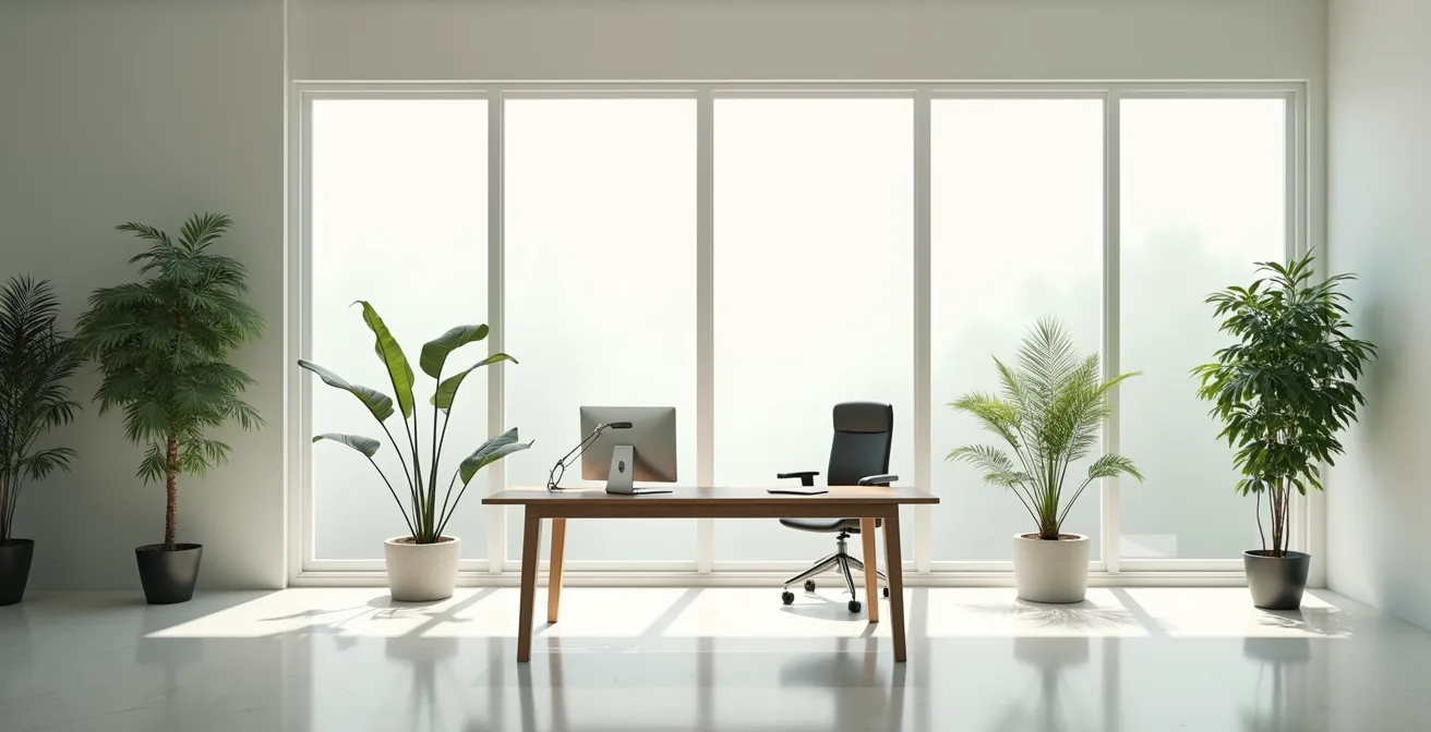Vue environnementale d'un espace de travail moderne épuré avec plantes