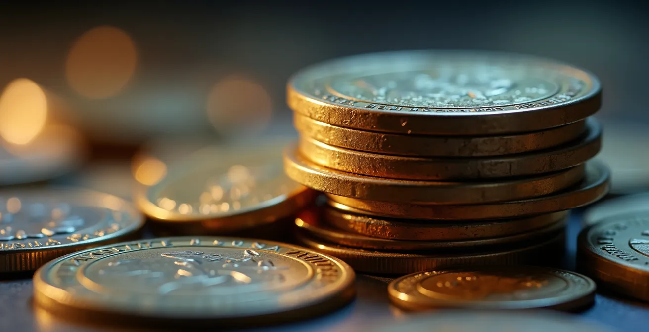 Vue macro de pièces de monnaie empilées avec reflets dorés