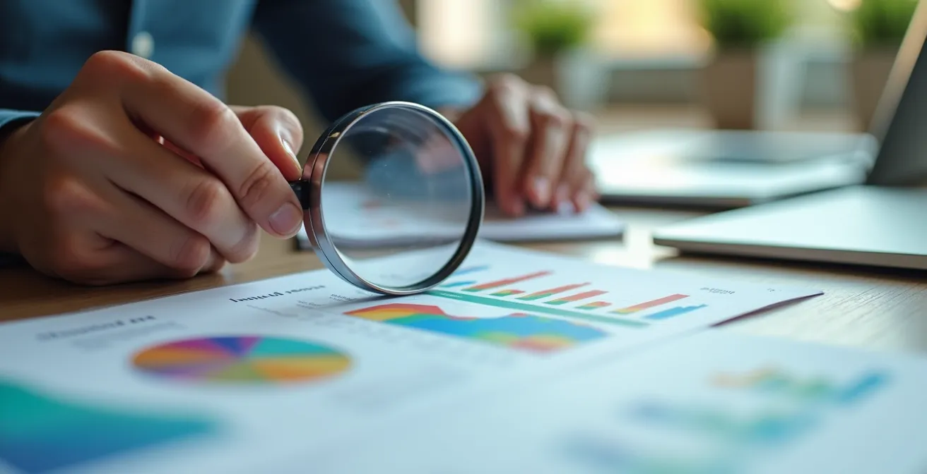 Gros plan sur des mains analysant des graphiques colorés avec loupe