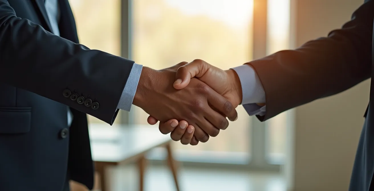 Poignée de main entre commerçant et fournisseur symbolisant la négociation